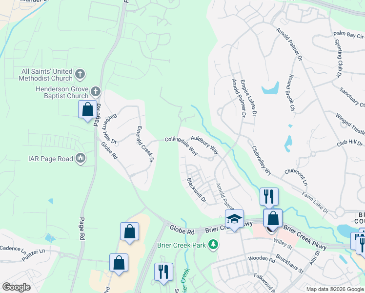 map of restaurants, bars, coffee shops, grocery stores, and more near 11524 Auldbury Way in Raleigh