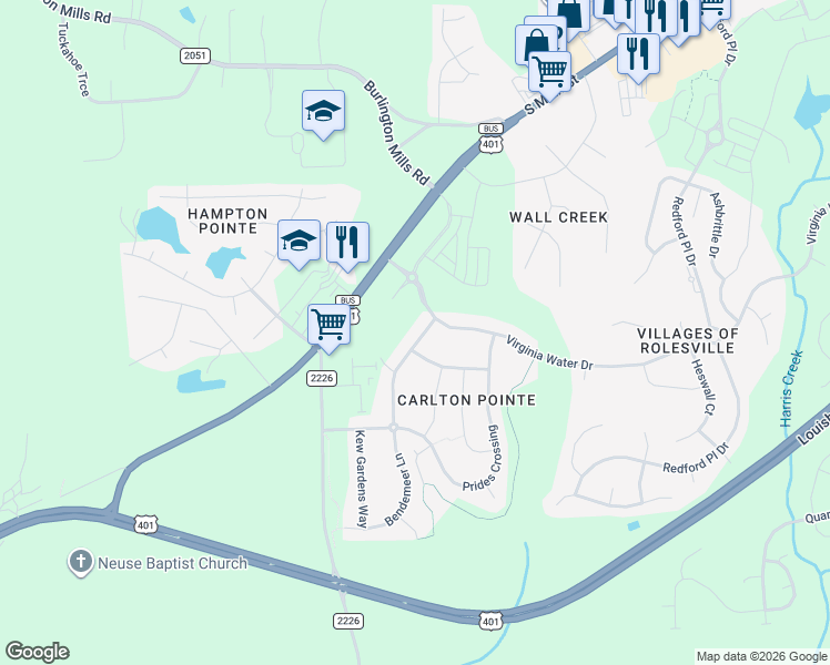 map of restaurants, bars, coffee shops, grocery stores, and more near 206 Bendemeer Lane in Rolesville