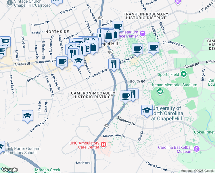 map of restaurants, bars, coffee shops, grocery stores, and more near 212 McCauley Street in Chapel Hill