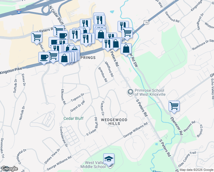 map of restaurants, bars, coffee shops, grocery stores, and more near 9013 Coburn Drive Southwest in Knoxville