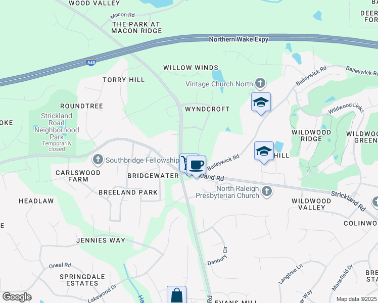 map of restaurants, bars, coffee shops, grocery stores, and more near 9100 State Road 1826 in Raleigh