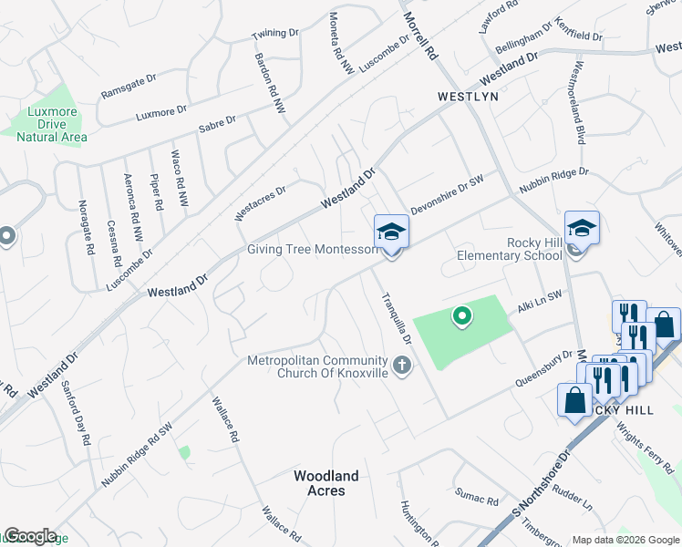 map of restaurants, bars, coffee shops, grocery stores, and more near 929 Green Hills Road Southwest in Knoxville