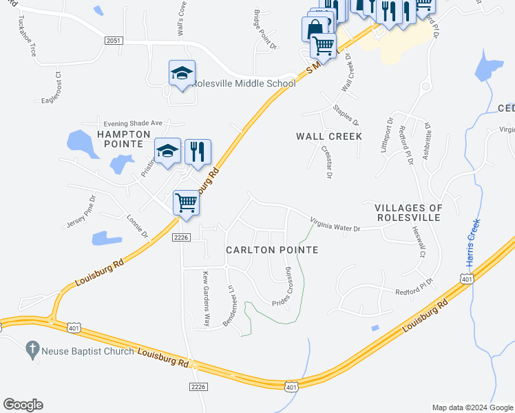 map of restaurants, bars, coffee shops, grocery stores, and more near 104 Virginia Water Drive in Rolesville