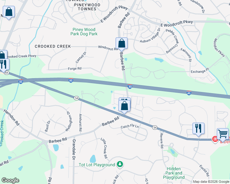 map of restaurants, bars, coffee shops, grocery stores, and more near Interstate 40 in Durham