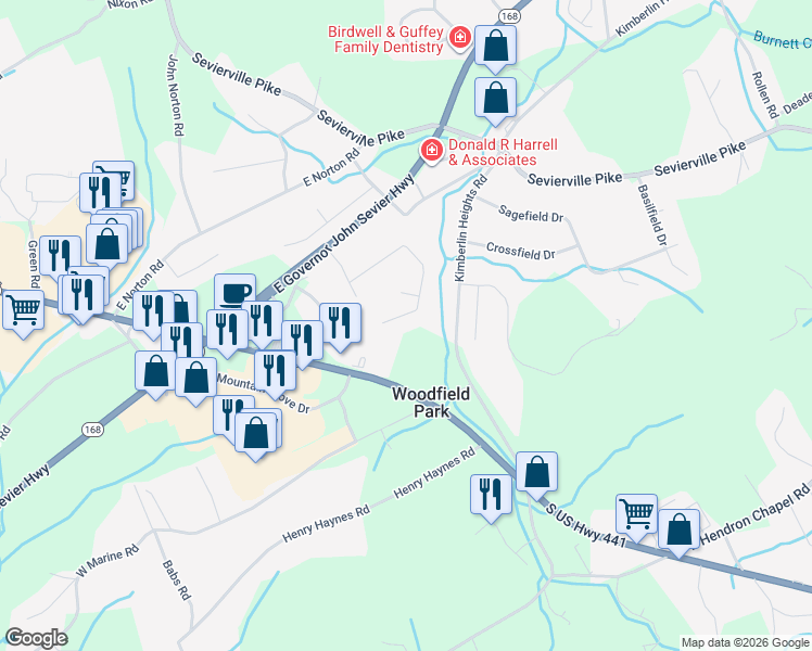 map of restaurants, bars, coffee shops, grocery stores, and more near 500 Karla Drive in Knoxville