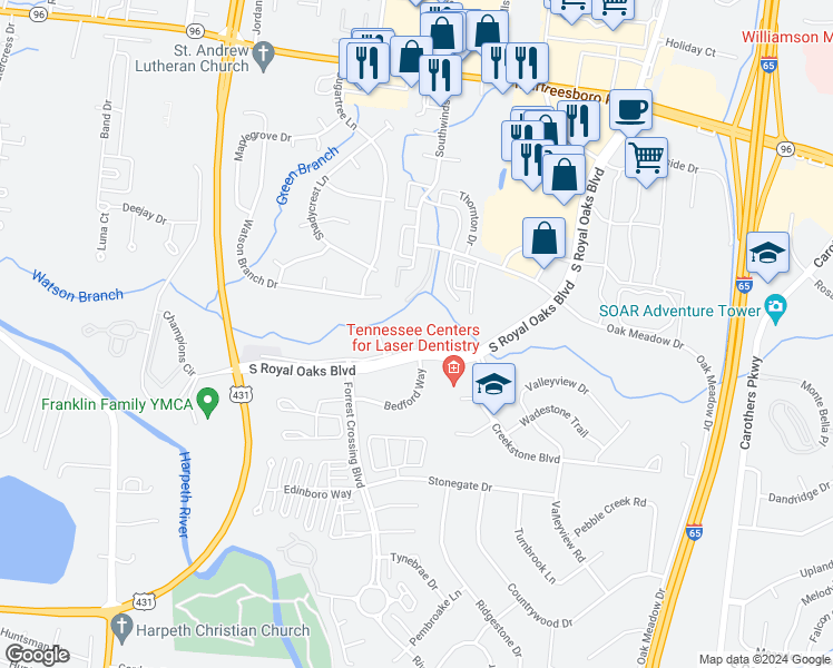 map of restaurants, bars, coffee shops, grocery stores, and more near 303 South Royal Oaks Boulevard in Franklin