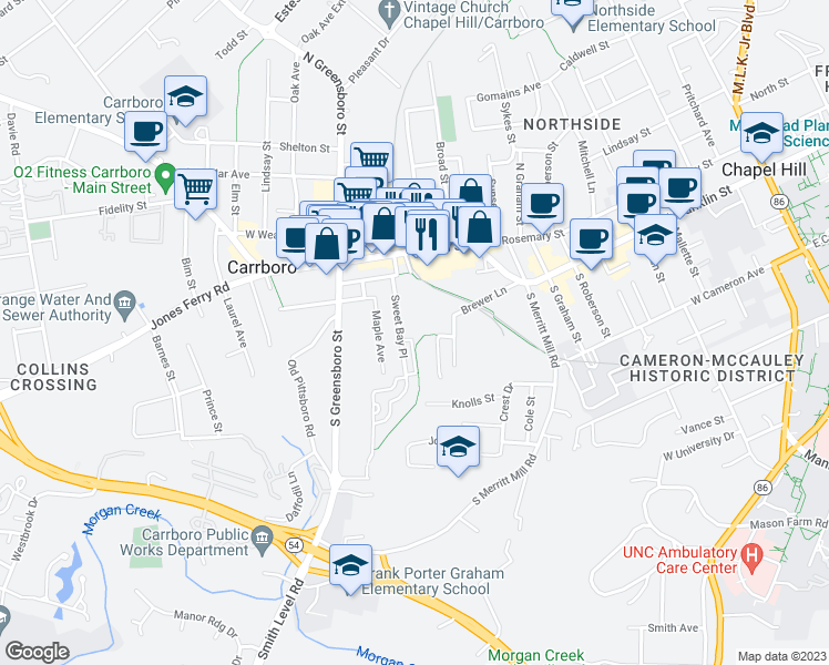 map of restaurants, bars, coffee shops, grocery stores, and more near 253 Sweet Bay Place in Carrboro