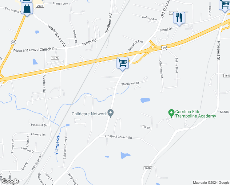 map of restaurants, bars, coffee shops, grocery stores, and more near 5600 Old Thomasville Road in High Point