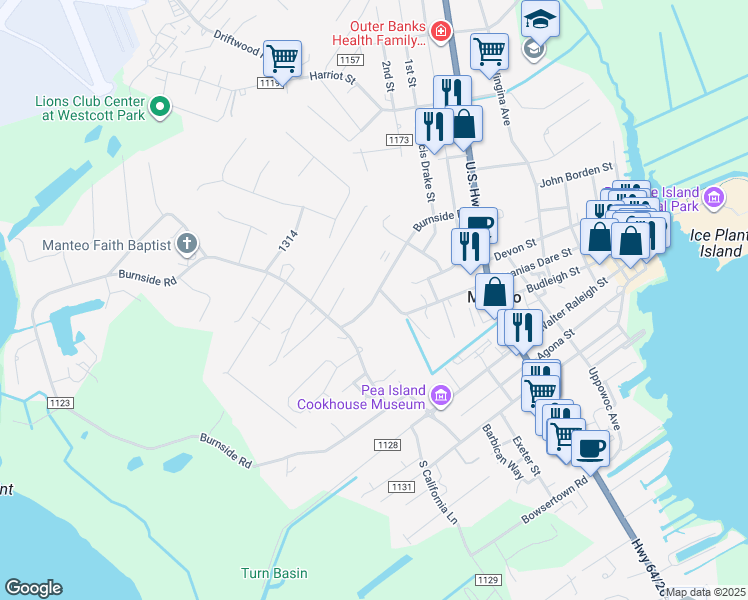map of restaurants, bars, coffee shops, grocery stores, and more near Burnside Road in Manteo