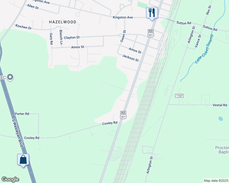 map of restaurants, bars, coffee shops, grocery stores, and more near Franks Road in Rocky Mount