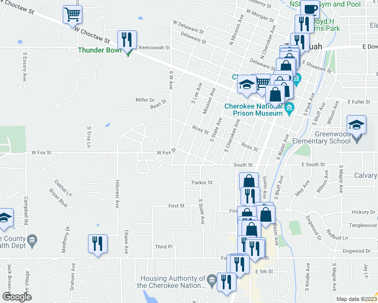 map of restaurants, bars, coffee shops, grocery stores, and more near 502 West Fox Street in Tahlequah