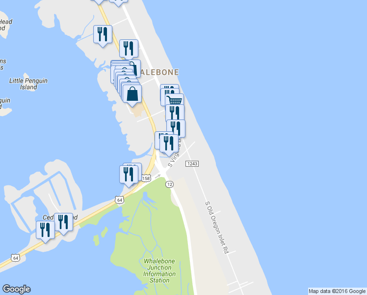 map of restaurants, bars, coffee shops, grocery stores, and more near 7309 South Virginia Dare Trail in Kill Devil Hills