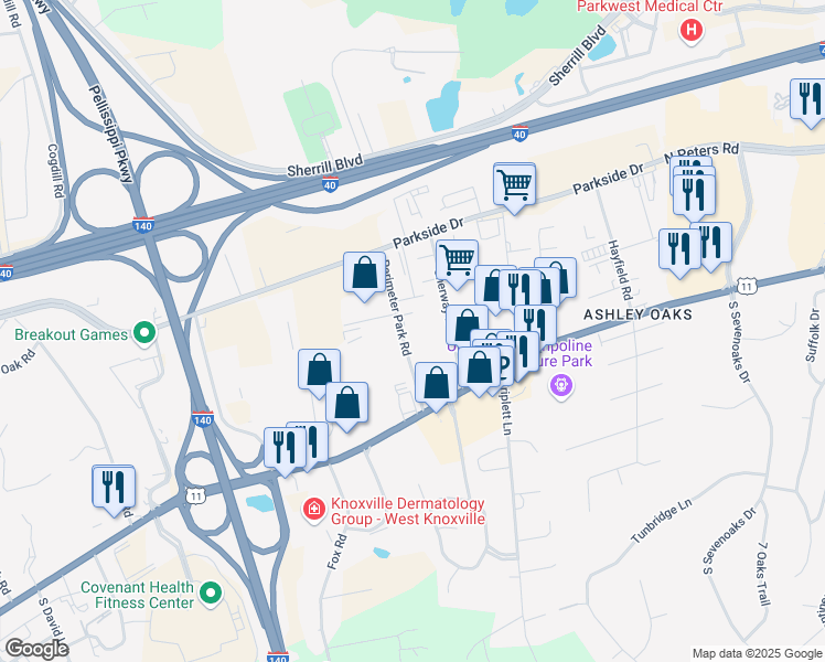 map of restaurants, bars, coffee shops, grocery stores, and more near 120 Perimeter Park Road in Knoxville