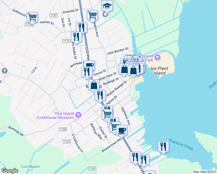 map of restaurants, bars, coffee shops, grocery stores, and more near 402 Budleigh Street in Manteo
