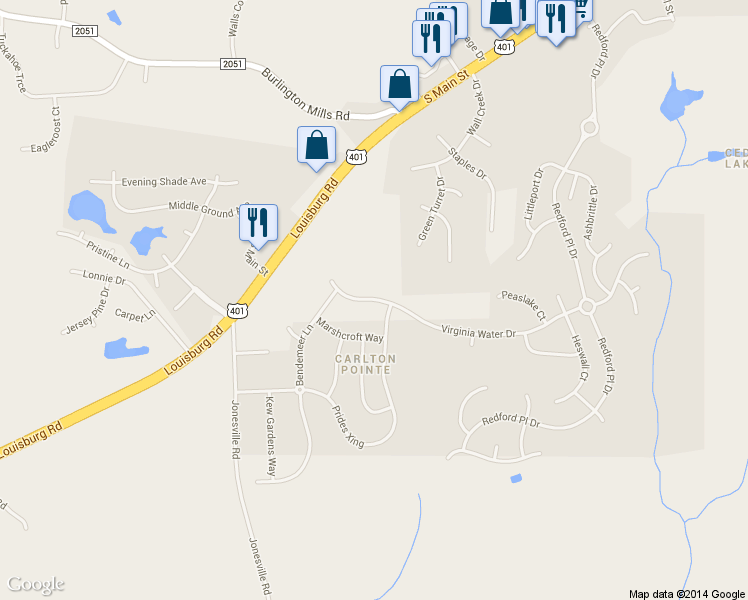 map of restaurants, bars, coffee shops, grocery stores, and more near 126 Virginia Water Drive in Rolesville