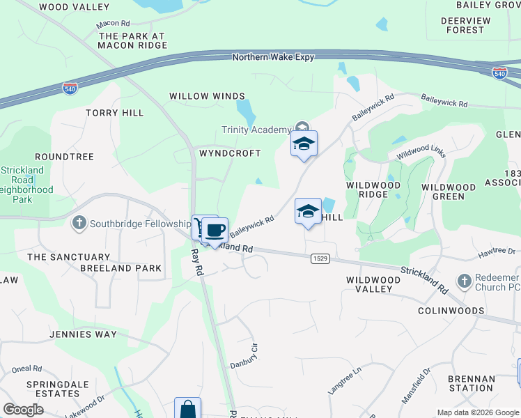 map of restaurants, bars, coffee shops, grocery stores, and more near 10320 Baileywick Road in Raleigh