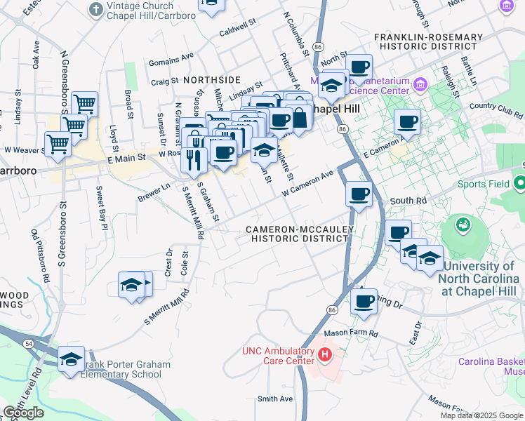 map of restaurants, bars, coffee shops, grocery stores, and more near 103 Cameron Glen Drive in Chapel Hill