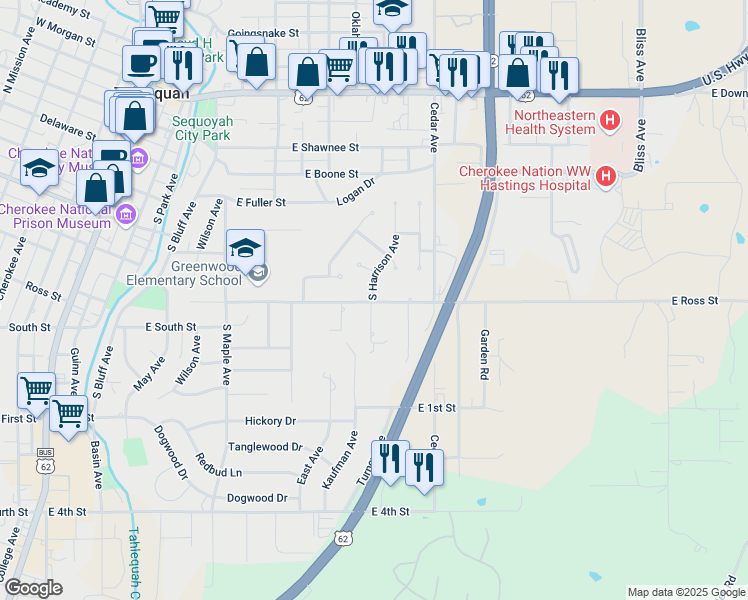 map of restaurants, bars, coffee shops, grocery stores, and more near 203 South Harrison Avenue in Tahlequah