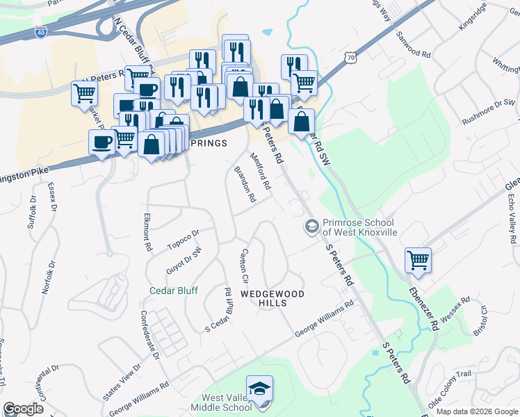 map of restaurants, bars, coffee shops, grocery stores, and more near 9013 Coburn Drive Southwest in Knoxville
