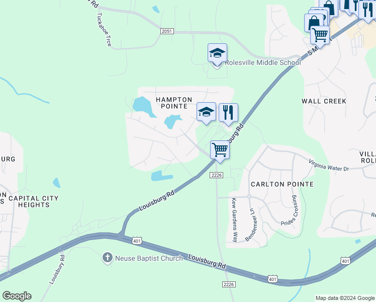 map of restaurants, bars, coffee shops, grocery stores, and more near 904 Morning Still Court in Rolesville