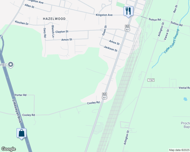 map of restaurants, bars, coffee shops, grocery stores, and more near Franks Road in Rocky Mount