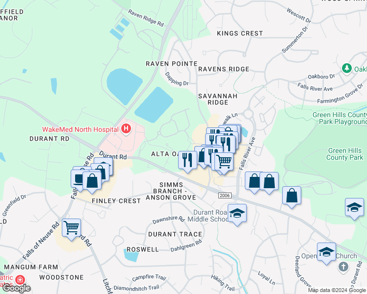 map of restaurants, bars, coffee shops, grocery stores, and more near 10810 Sandy Oak Lane in Raleigh