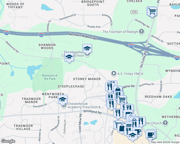 map of restaurants, bars, coffee shops, grocery stores, and more near 9317 Baileywick Road in Raleigh