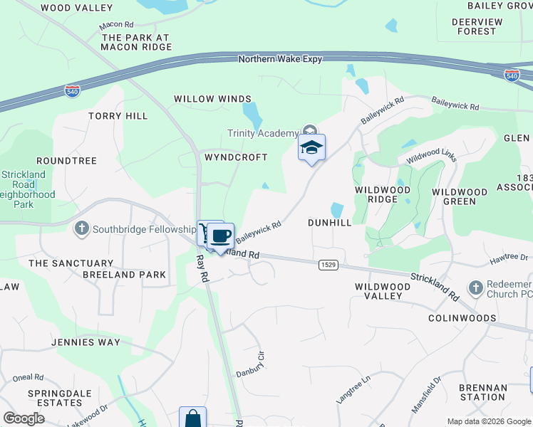 map of restaurants, bars, coffee shops, grocery stores, and more near 10320 Baileywick Road in Raleigh
