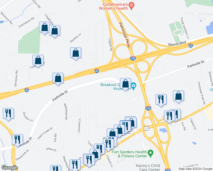 map of restaurants, bars, coffee shops, grocery stores, and more near 306 Cogdill Road in Knoxville