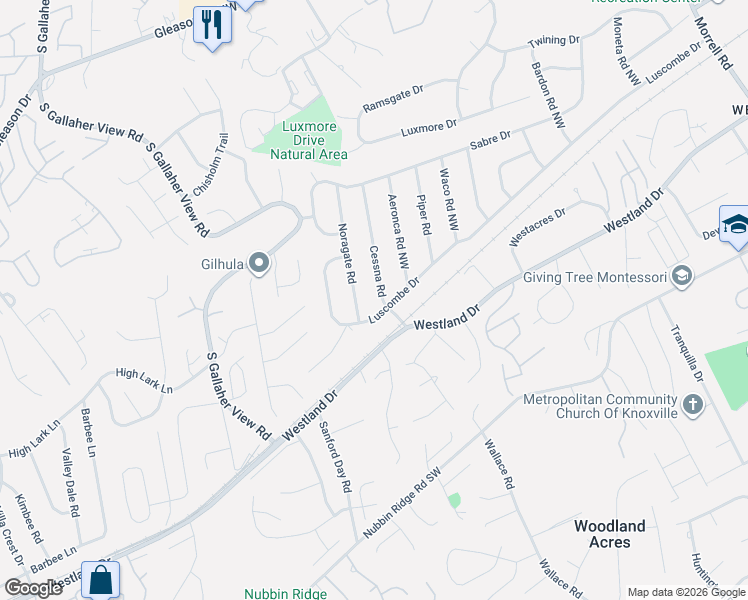 map of restaurants, bars, coffee shops, grocery stores, and more near 749 Cessna Road in Knoxville