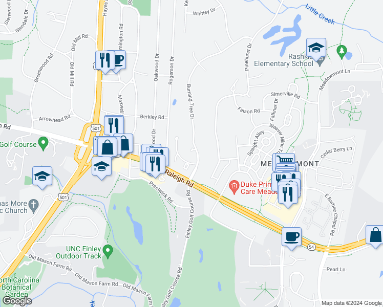 map of restaurants, bars, coffee shops, grocery stores, and more near 1703 Oak Tree Drive in Chapel Hill