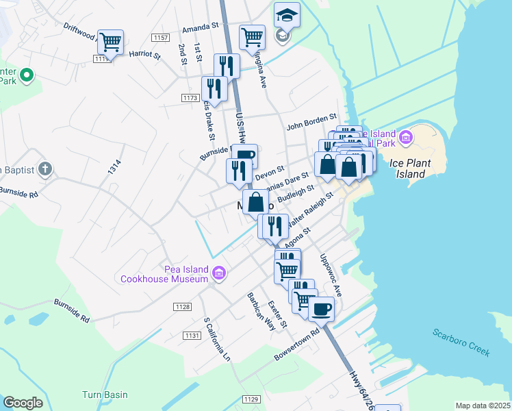 map of restaurants, bars, coffee shops, grocery stores, and more near in Manteo