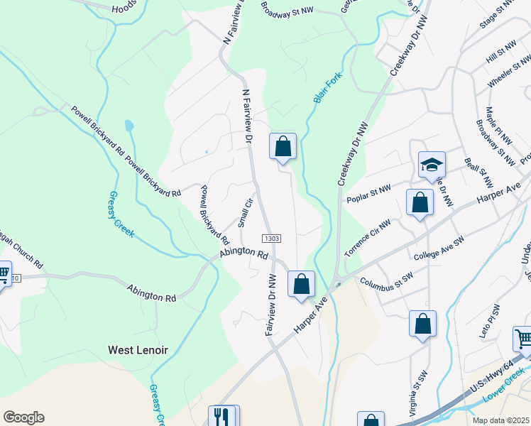 map of restaurants, bars, coffee shops, grocery stores, and more near 218 North Fairview Drive in Lenoir