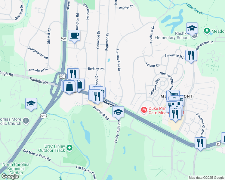 map of restaurants, bars, coffee shops, grocery stores, and more near 1401 Oak Tree Drive in Chapel Hill