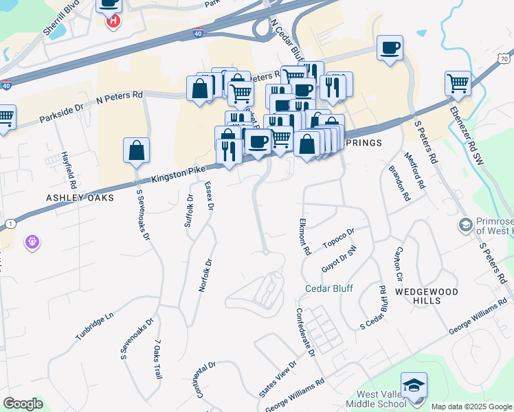 map of restaurants, bars, coffee shops, grocery stores, and more near Moss Grove Boulevard in Knoxville