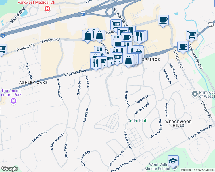 map of restaurants, bars, coffee shops, grocery stores, and more near Moss Grove Boulevard in Knoxville