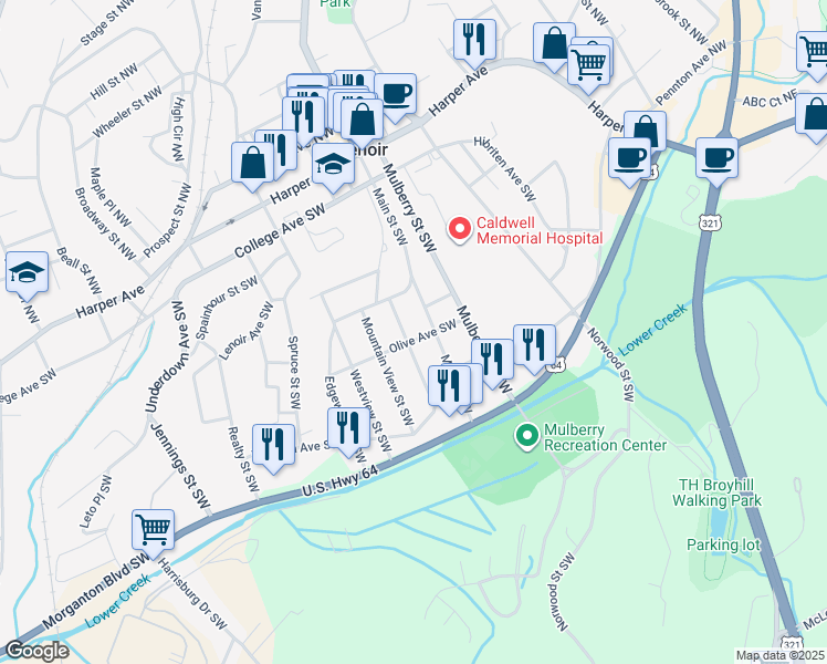 map of restaurants, bars, coffee shops, grocery stores, and more near 808 Olive Avenue Southwest in Lenoir