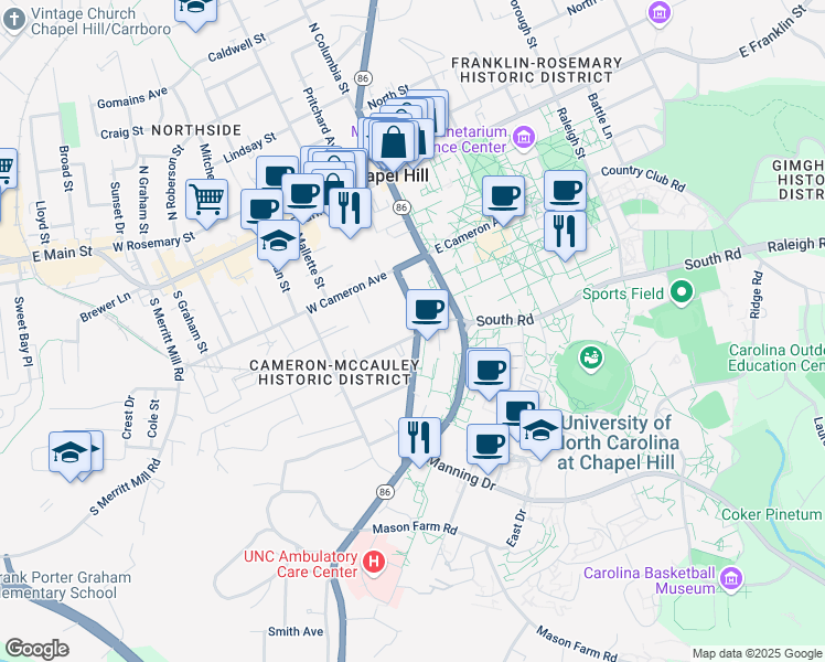 map of restaurants, bars, coffee shops, grocery stores, and more near 200 McCauley Street in Chapel Hill