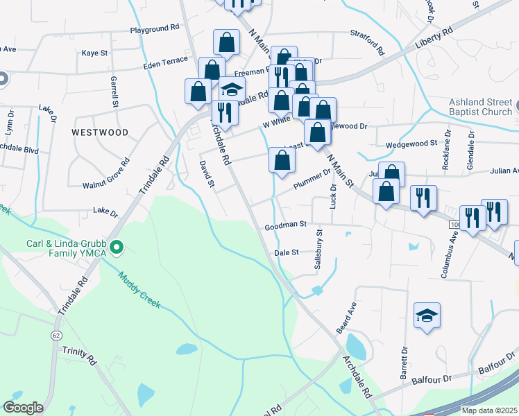 map of restaurants, bars, coffee shops, grocery stores, and more near 215 Plummer Drive in Archdale