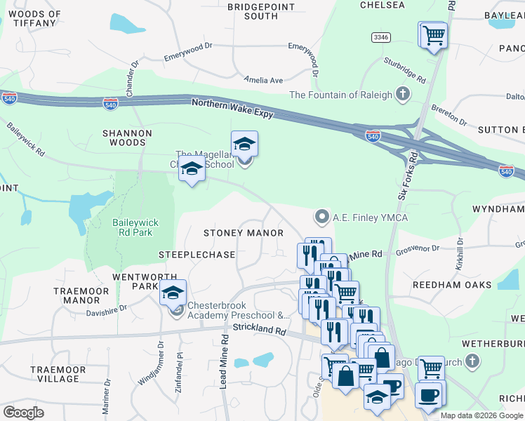 map of restaurants, bars, coffee shops, grocery stores, and more near 9300 Baileywick Road in Raleigh