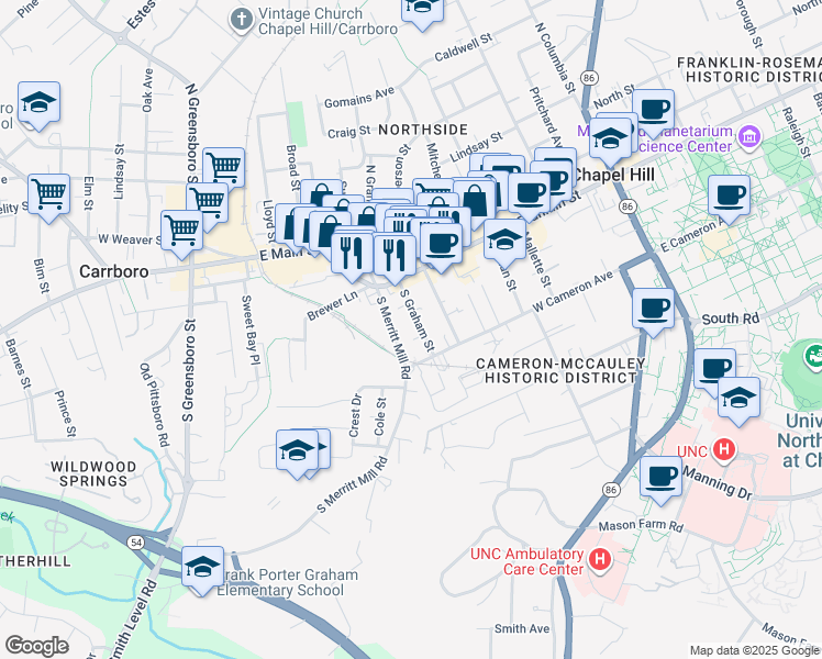 map of restaurants, bars, coffee shops, grocery stores, and more near 118 South Graham Street in Chapel Hill