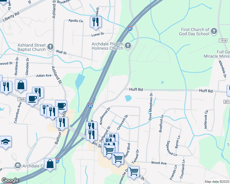 map of restaurants, bars, coffee shops, grocery stores, and more near 313 Aldridge Road in Archdale