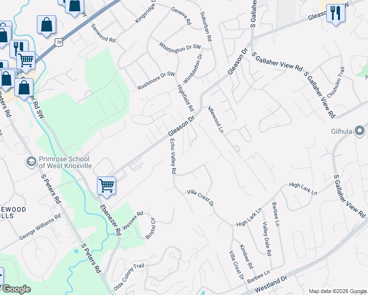 map of restaurants, bars, coffee shops, grocery stores, and more near 408 Echo Valley Road in Knoxville