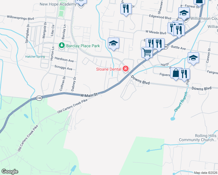 map of restaurants, bars, coffee shops, grocery stores, and more near 1718 West Main Street in Franklin