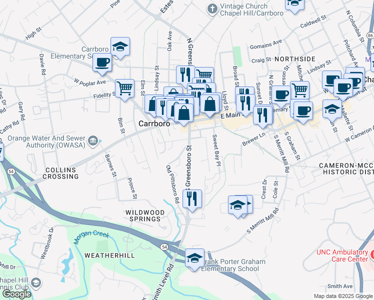 map of restaurants, bars, coffee shops, grocery stores, and more near 400 South Greensboro Street in Carrboro