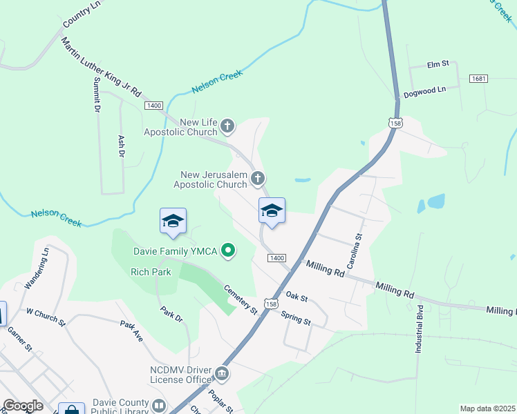 map of restaurants, bars, coffee shops, grocery stores, and more near 118 Holman Street in Mocksville