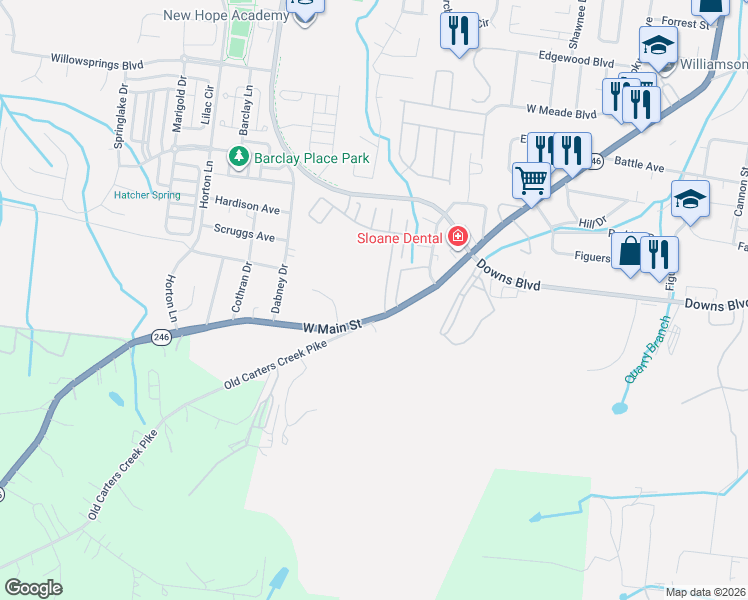 map of restaurants, bars, coffee shops, grocery stores, and more near 1101 Downs Boulevard in Franklin