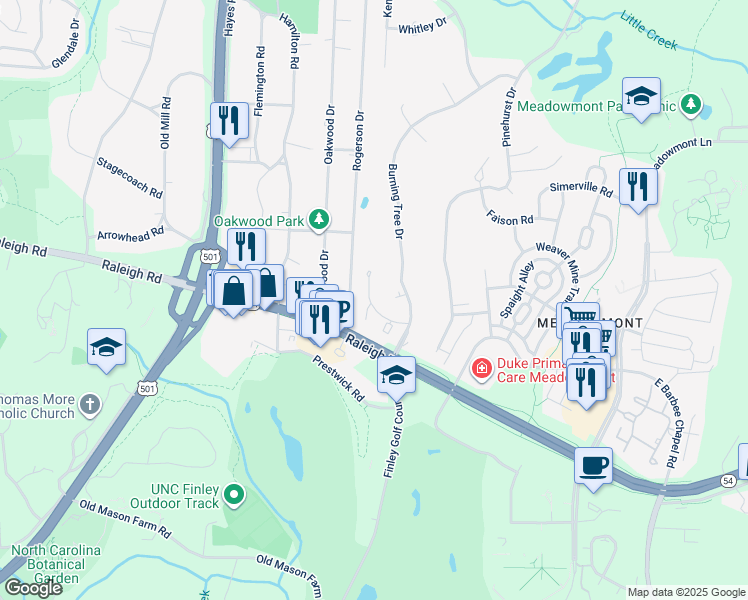 map of restaurants, bars, coffee shops, grocery stores, and more near 1401 Oak Tree Drive in Chapel Hill