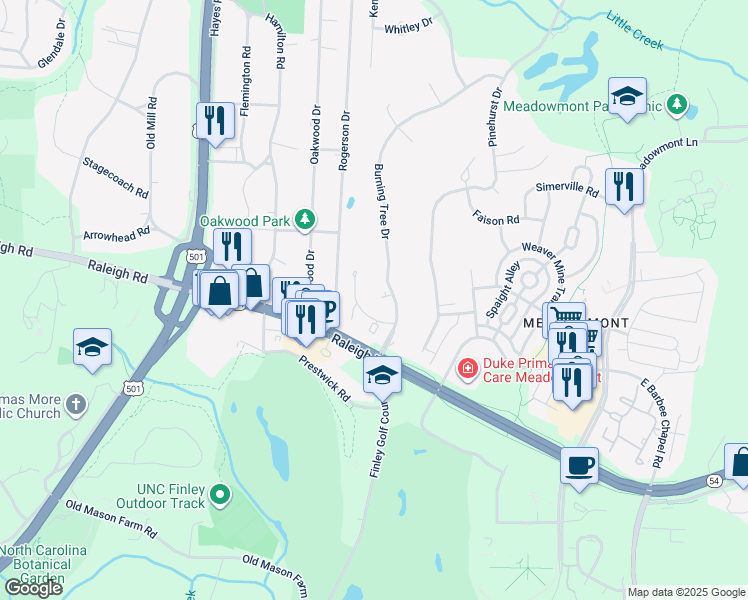 map of restaurants, bars, coffee shops, grocery stores, and more near 1804 Oak Tree Drive in Chapel Hill