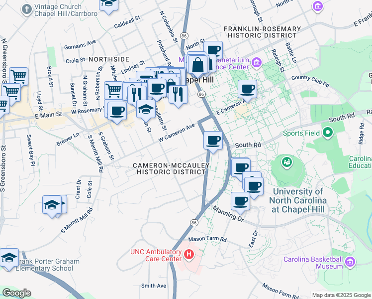 map of restaurants, bars, coffee shops, grocery stores, and more near 301 West Cameron Avenue in Chapel Hill